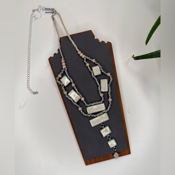 Free People Statement Necklace Shell Inlay Wood Bead Braided Cord Adjustable - Picture 5 of 9